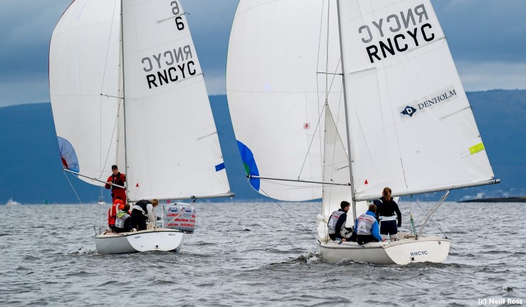 Two teams match racing Sonars at the Ceilidh Cup, Royal Northern & Clyde YC, 2019 