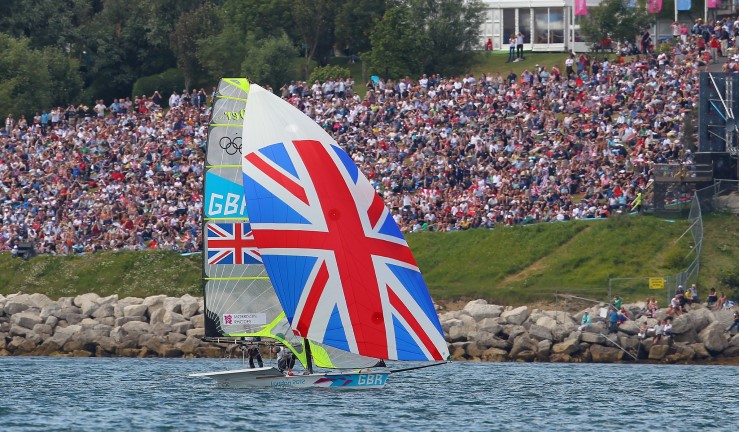 GBR gold medal winning 49er sailing in front of the crowds at London 2012 Olympics 