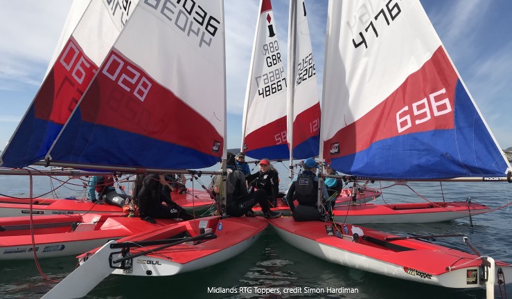 Topper sailors having a chat during a break on the water during a Midlands Regional Training Group session 2021/2. 