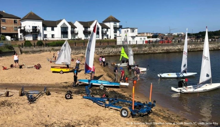 Young sailors launching for an open meeting at South Shields SC as part of the North East & Yorkshire Youth Traveller Series 20021