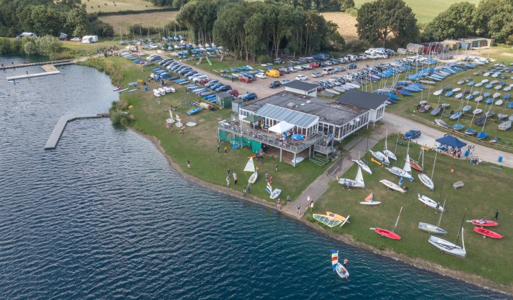 Aerial view of Notts County SC showing clubhouse, boat park and water.