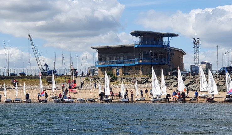 View of Sunderland Yacht Club from the water with boats launching.