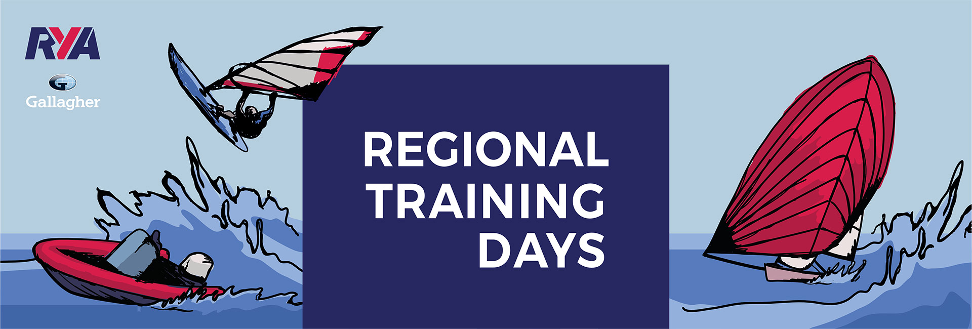 Graphics for the regional training days show a selection of different watersports and sailing activities
