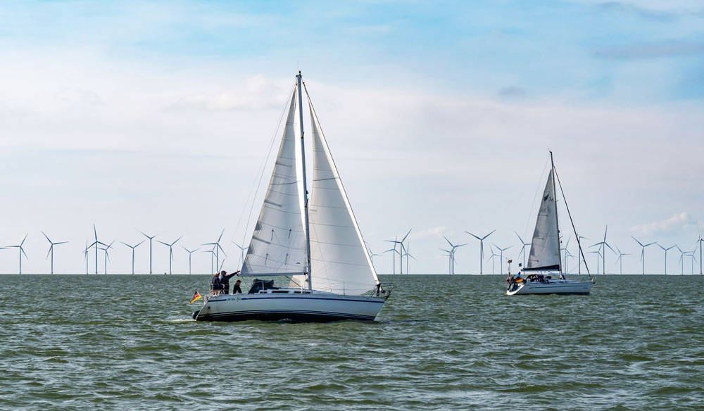 Sailing yacht navigating wind farm