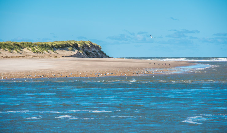 wide shot of blue water and white sands from Holkham beach dinghy trail