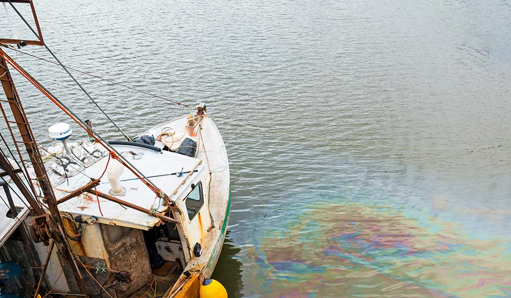 An oil slick in the water, next to an old dilapidated fishing boat. 