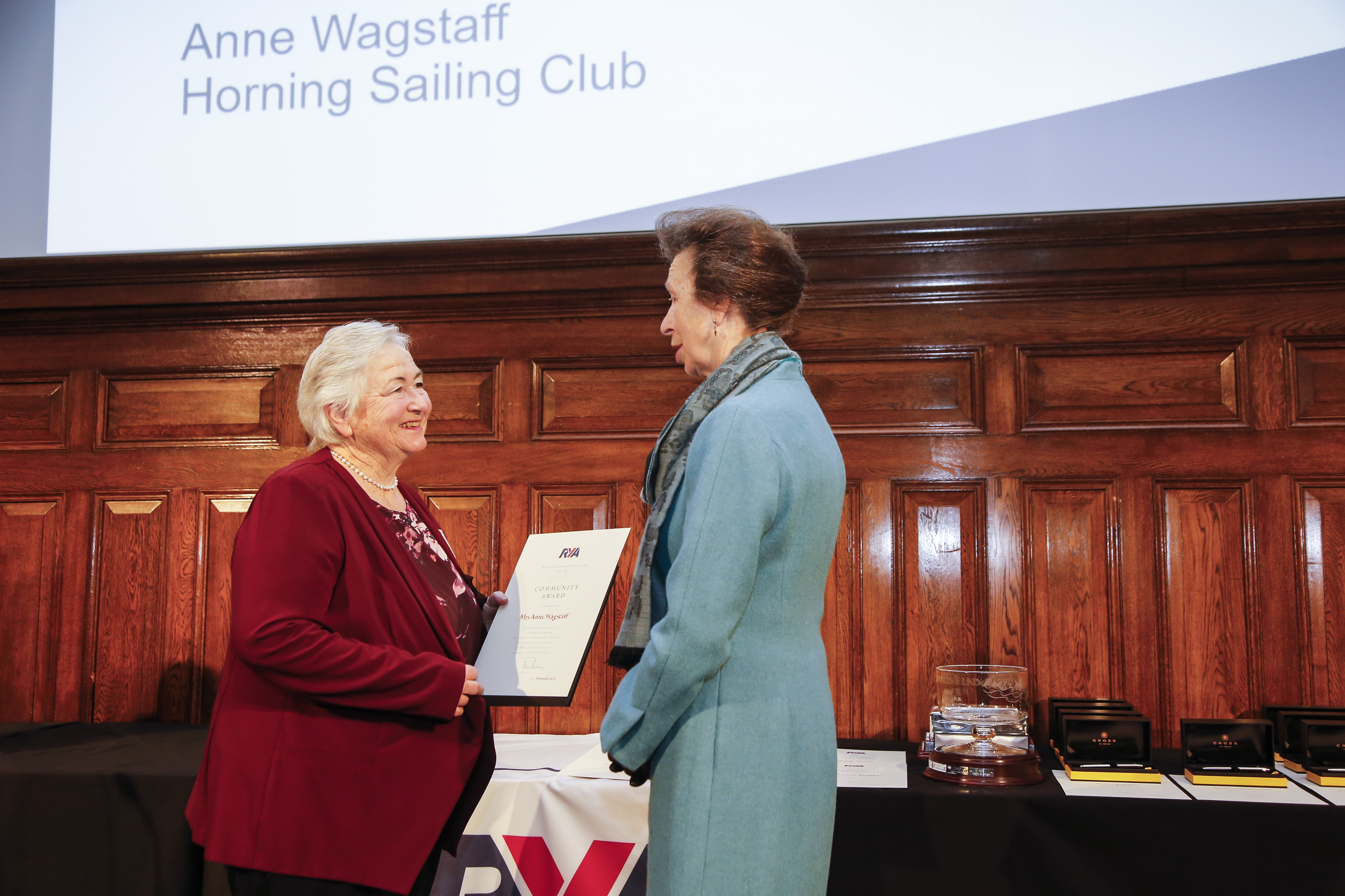 Anne Wagstaff receiving RYA Volunteer Award from HRH The Princess Royal