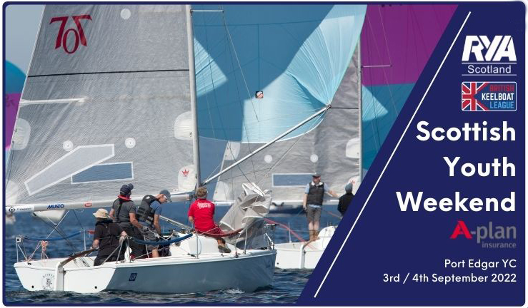 Branded image of 707 Keelboat racing with the British Keelboat League and A-Plan Insurance promoting the Scottish Youth Weekend in September 2022.