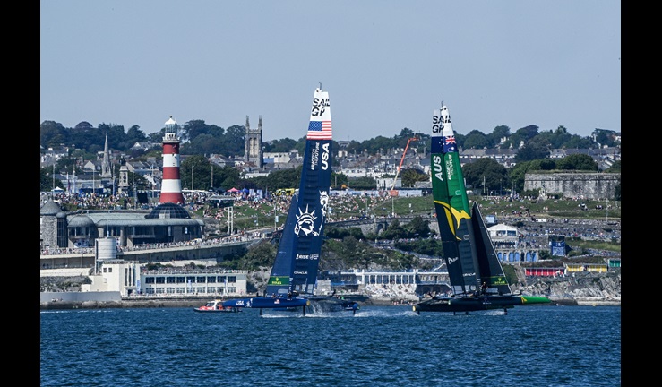 USA SailGP Team helmed by Jimmy Spithill and Australia SailGP Team helmed by Tom Slingsby in action in the final race on race day 2 of Great Britain SailGP, Event 3, Season 2 in Plymouth, UK 18 July 2021. Photo: Jon Buckle for SailGP. Handout image supplied by SailGP