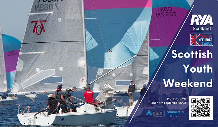 Poster for Scottish Youth Keelboat Weekend with an image of 707's racing and text information about the event. 