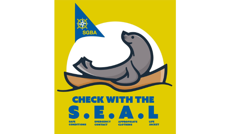 Seal image with acronym SEAL standing for Safe conditions. Emergency contact. Appropriate clothing. Lifejacket or buoyancy aid.