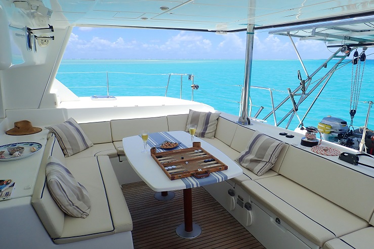 A game of backgammon is laid out on catamaran 