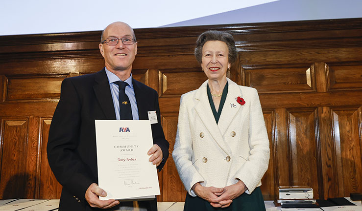 Terry Forbes is presented with an RYA Volunteer Award by HRH The Princess Royal, credit Paul Wyeth RYA