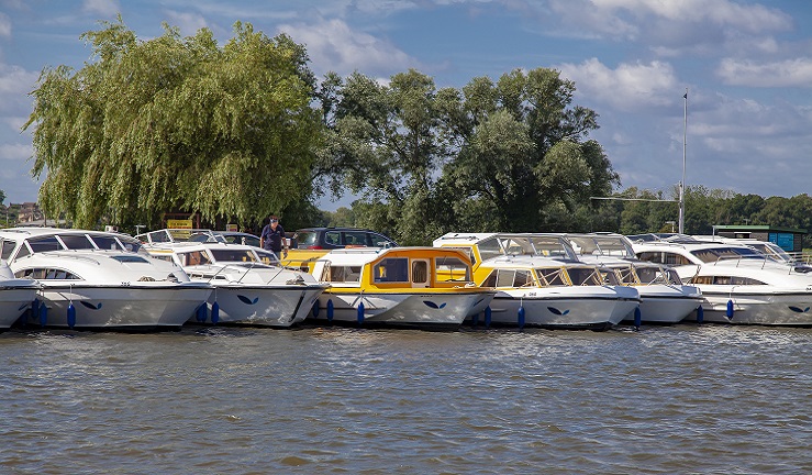 Motor cruisers moored up in Norfolk