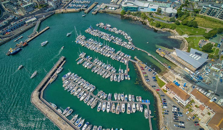 aerial shot of a marina with lots of boats