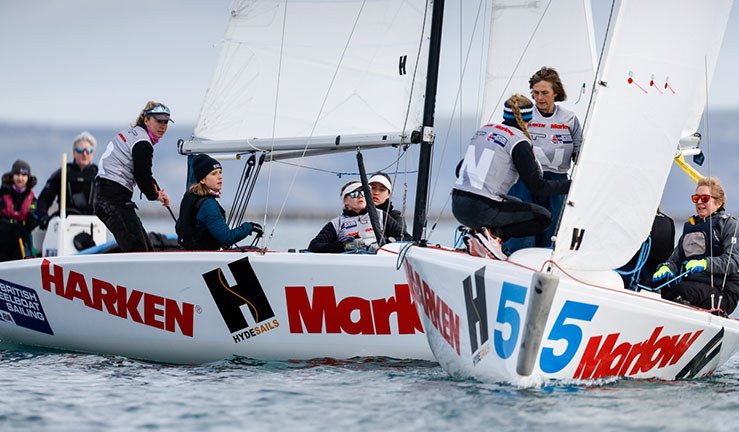 Teams match racing upwind in Elliott 6M keelboats at the Marlow Ropes Women's Match Racing Championship 2022 at WPNSA