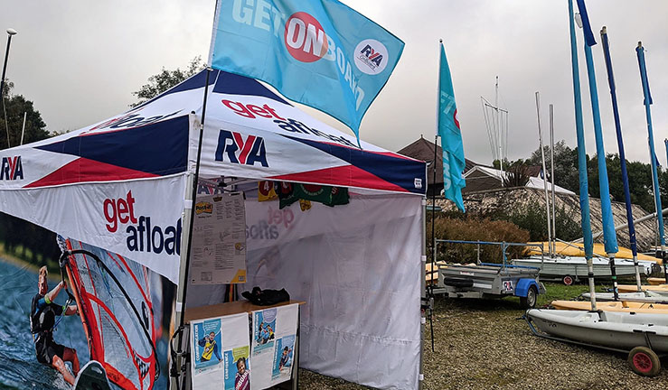 Picture of branded 'get afloat' gazebo available from RYA Midlands for affiliated clubs wanting to use it for events. 