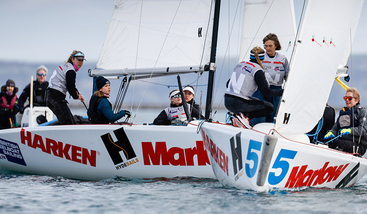 Two Elliott 6M keelboats being raced upwind by all-female teams at the RYA Marlow Ropes Women's Match Racing Championships.