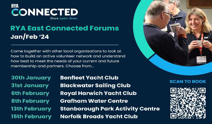 A poster containing information about the RYA East Connected Forums. The dates and venues are:
30 January 2024 – Benfleet Yacht Club (Essex)
31 January 2024 - Blackwater Sailing Club (Essex)
06 February 2024 – Royal Harwich Yacht Club (Suffolk)
08 February 2024 – Grafham Water Centre (Cambridgeshire)
13 February 2024 – Stanborough Park Activity Centre (Hertfordshire)
15 February 2024 – Norfolk Broads Yacht Club (Norfolk)
