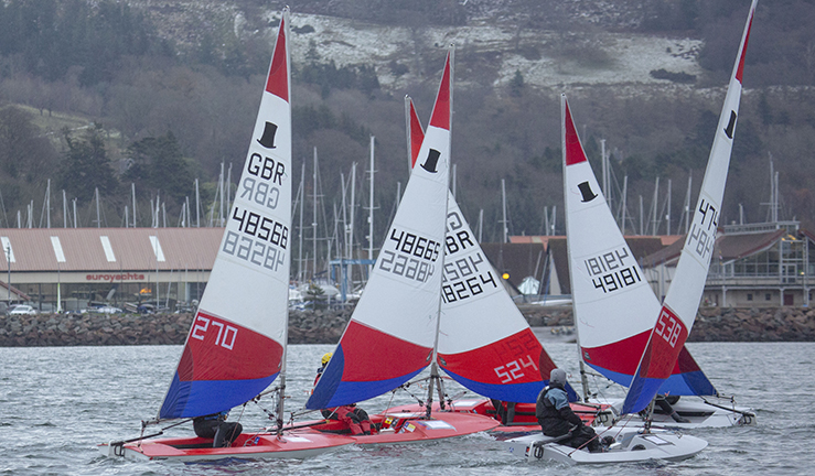 Toppers sailing upwind at the Winter Championships