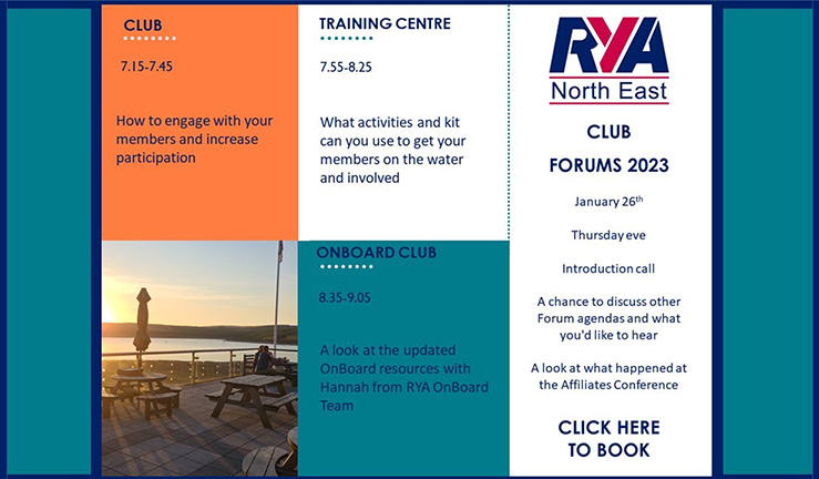 Poster promoting new programme of RYA North East online forums for clubs, centres and OnBoard teams 2023.