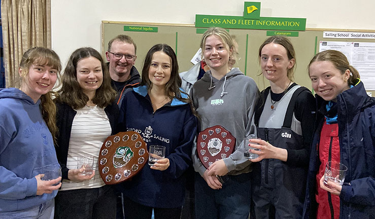 2023 RYA & BUSA Women's Team Racing Champions, Oxford Blue, with their trophies at the prizegiving at Rutland SC.