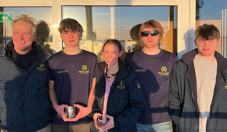 Winning team from Rutland SC at prizegiving for RYA Winter Match Racing Series, Qualifier 1 at Queen Mary SC 2023.