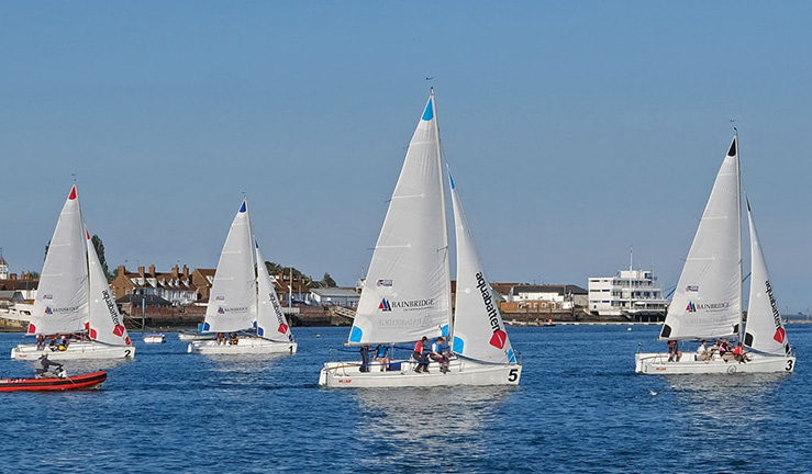 Four Hunter 707s racing on the River Crouch at Burnham on sunny day at British Keelboat League event 2021