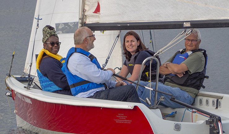 Four people in a dinghy at Notts County SC: Imogeen Denton, Ross Ryan, CEO Sara Sutcliffe and John Sears (L-R).