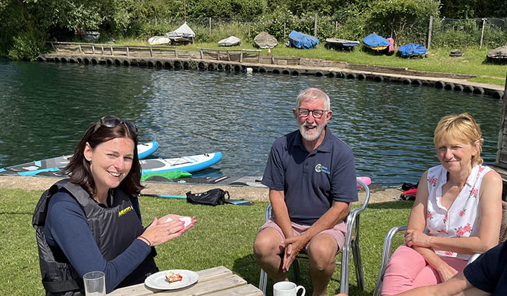 RYA CEO Sara Sutcliffe enjoys afternoon tea on shore at Wanlip SC with the club's commodore Richard Harris and treasurer.