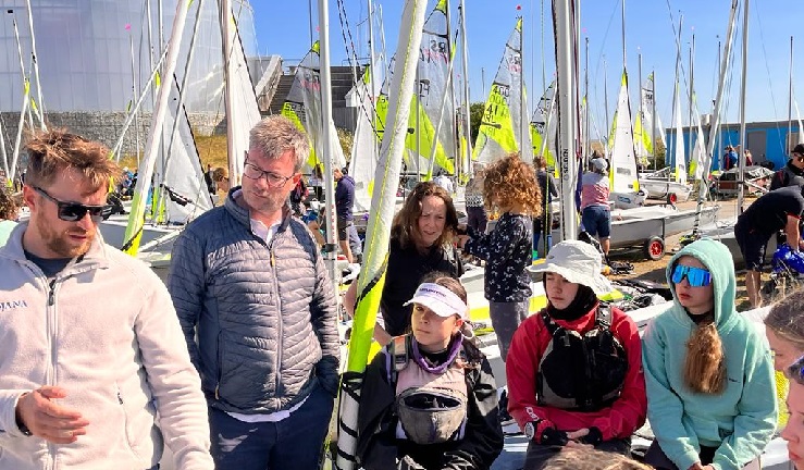 Sailors and parets at RS Feva UK nationals ashore, awaiting launching.