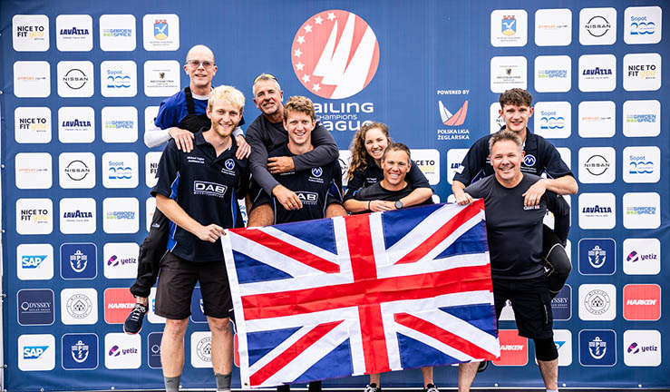 Picture of sailors from West Hoe and Marconi sailing clubs with a union jack on shore at the SAILING Champions League Poland.