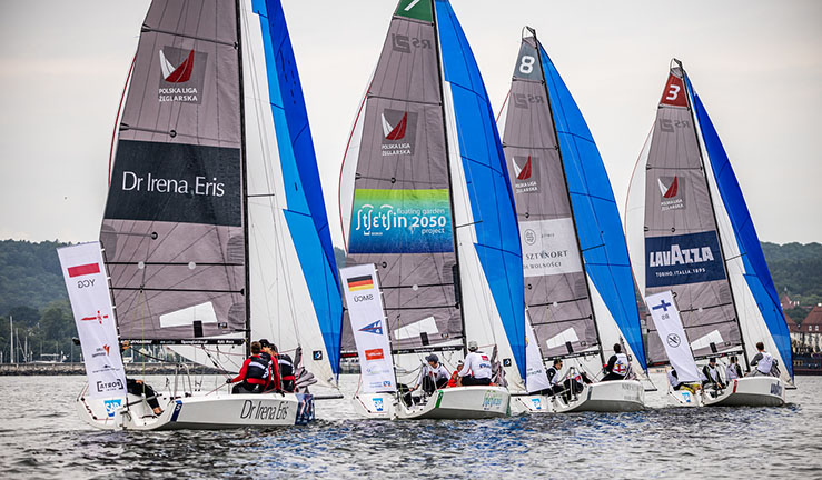 Four RS21 keelboats racing downwind at the SAILING Champions League qualifier at Sopot, Poland, 2023