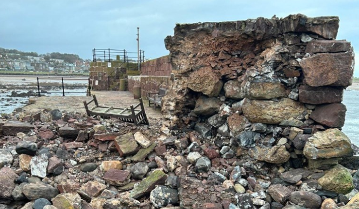 Collapsed harbour wall at East Lothian Harbour which was damage through Storm Babet in October 2023