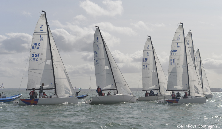 Six J70s racing upwind following a fleet start at the British Keelboat League final 2023.