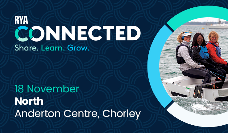 RYA Connected event graphic with the text Share Learn Grow, 18 November, North, Anderton Centre and three women in a boat in a circle frame.