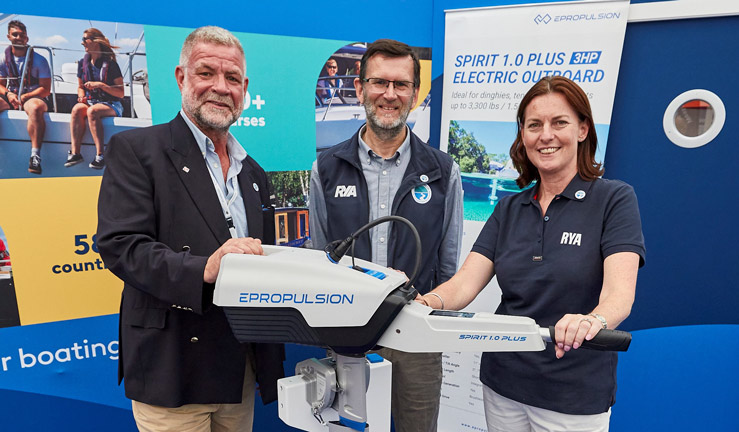 Steve Bruce, Phil Horton and RYA CEO Sara Sutcliffe celebrating the annoucement of ePropulsion as the RYA's Official Innovation Partner