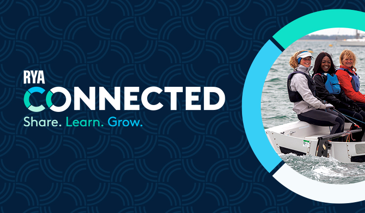Graphic banner for RYA Connected event with sub heading Share.Learn.Grow and picture framed in a circle of three women sailing in a dinghy.