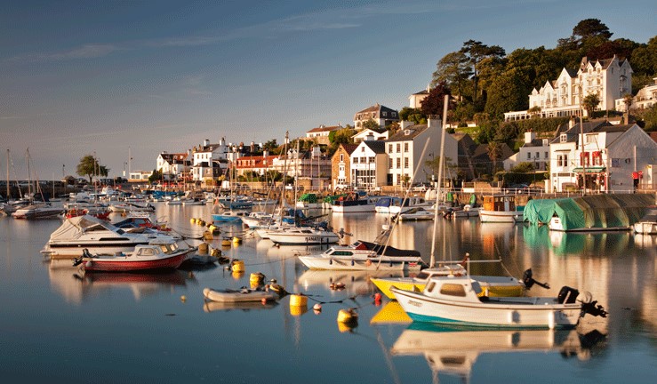 Boats moored in a cove 
