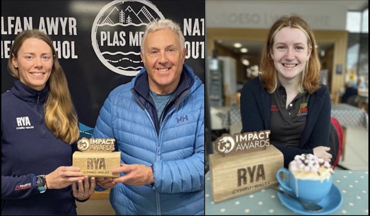 Left to right, RYA CW Performance Manager Sarah McGovern presenting an RYA CW Impact Award to Jamie Johnson at Plas Menai, and in a separate picture on the right, Freya Terry also with an RYA Impact Award.