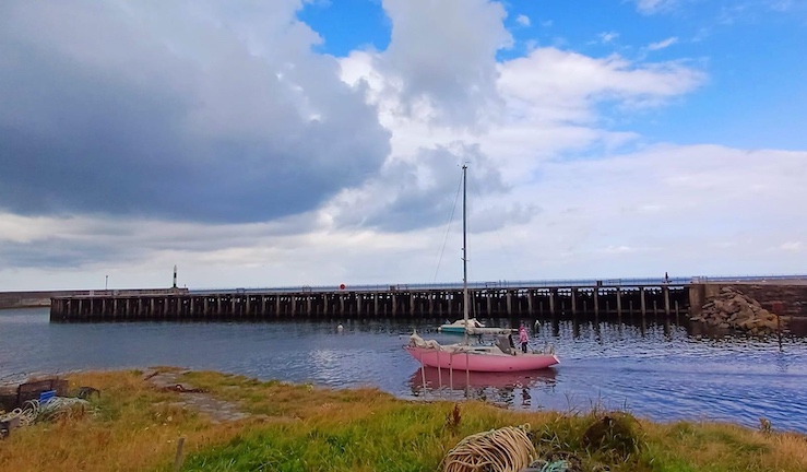 Freya Terry sailing her yacht Pink Delta out of Aberystwyth with blue sea and big skies beckoning.