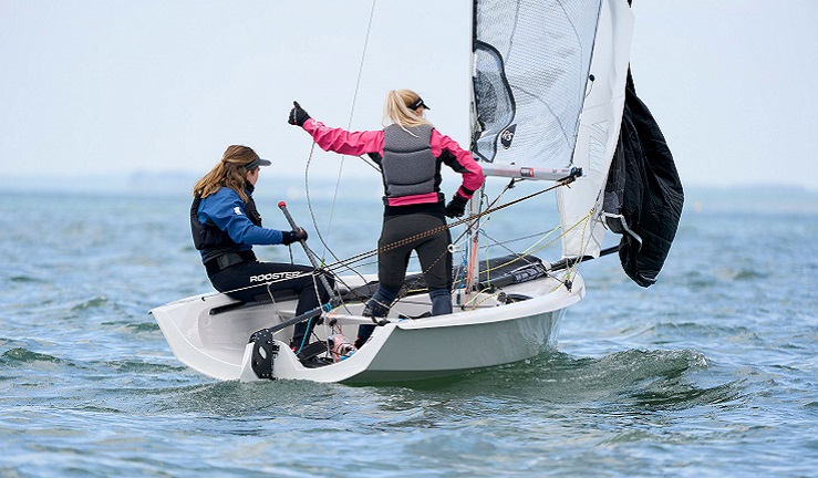 Two women in a dinghy on a cloudy day