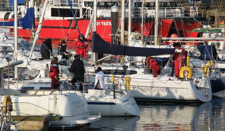 Yachts and crews in harbour at Scarborough YC.