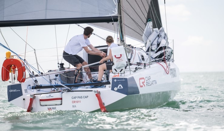 View from behind a Sun Fast 30 being sailed double handed by Maggie Adamson & Calanach Finlayson. 