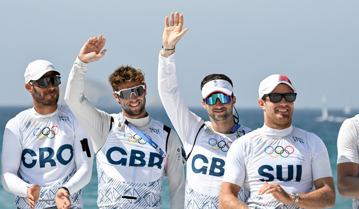 James Peters and Fynn Sterritt waving after 49er medal race at paris 2024 olympic games