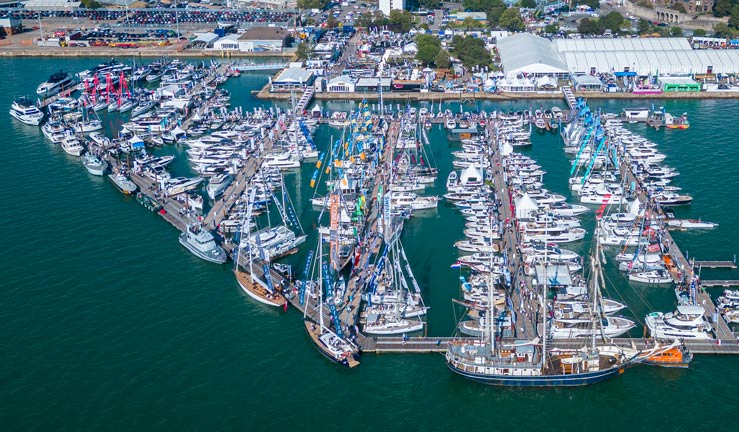 drone shot of the marina at the southampton international boat show
