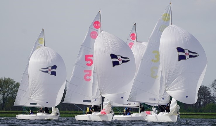 Four teams racing RTYC's Sonars downwind at a previous edition of the Carmela Cup.