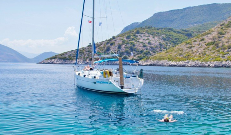 Greek islands yacht and swimmer 