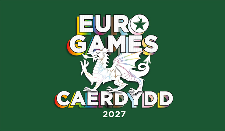 Graphic with green background and logo/text for EuroGames Caerdydd 2027 with a dragon in the middle.
