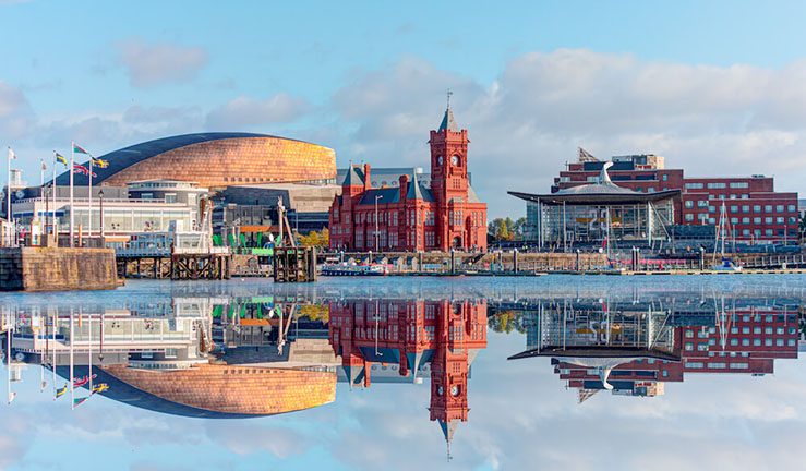 View over Cardiff city waterfront.